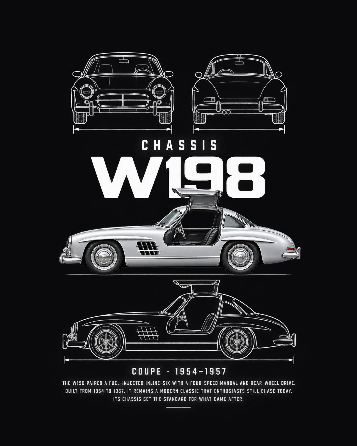 Mercedes 300 SL gullwing coupe Blueprint Full-Back Graphic Tee, W198 Chassis Code design only