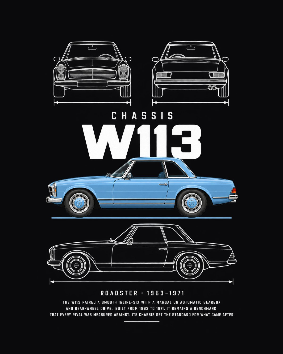 Mercedes 280 SL Pagoda roadster Blueprint Full-Back Graphic Tee, W113 Chassis Code design only