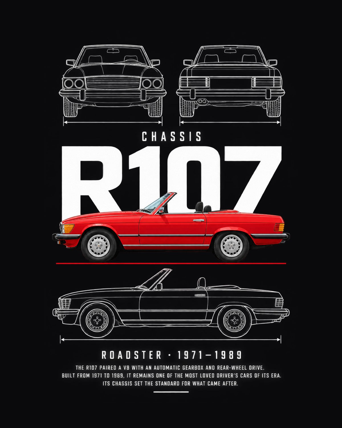 Mercedes R107 SL roadster Blueprint Full-Back Graphic Tee, R107 Chassis Code design only