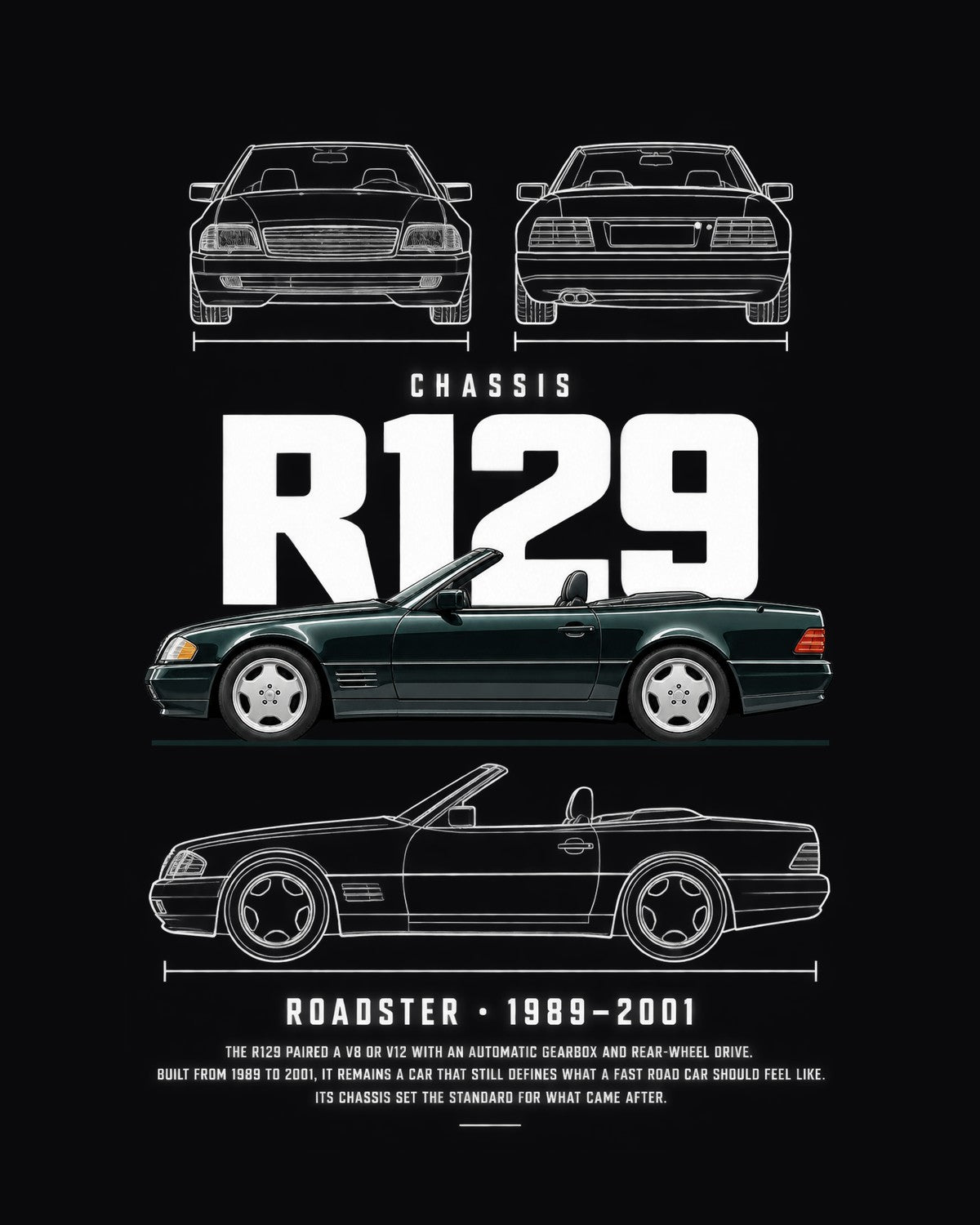 Mercedes R129 SL roadster Blueprint Full-Back Graphic Tee, R129 Chassis Code design only