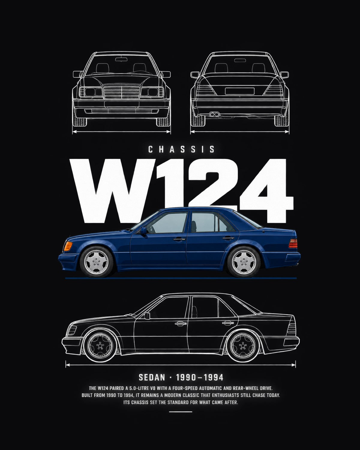 Mercedes W124 500E sedan Blueprint Full-Back Graphic Tee, W124 Chassis Code design only