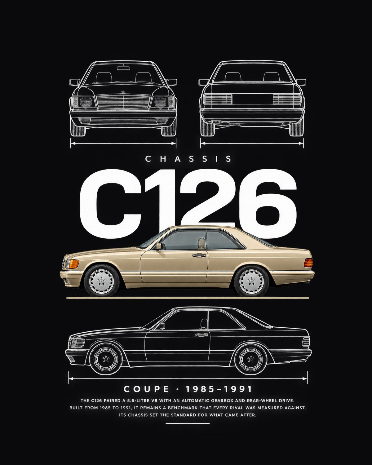 Mercedes C126 560 SEC coupe Blueprint Full-Back Graphic Tee, C126 Chassis Code design only