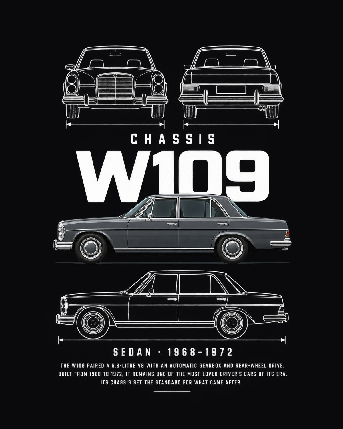 Mercedes 300 SEL 6.3 sedan Blueprint Full-Back Graphic Tee, W109 Chassis Code design only