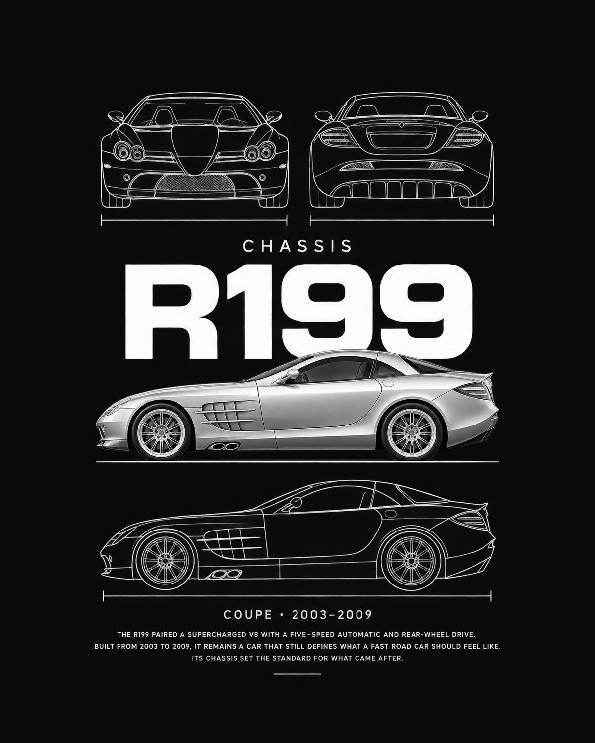 Mercedes SLR McLaren coupe Blueprint Full-Back Graphic Tee, R199 Chassis Code design only