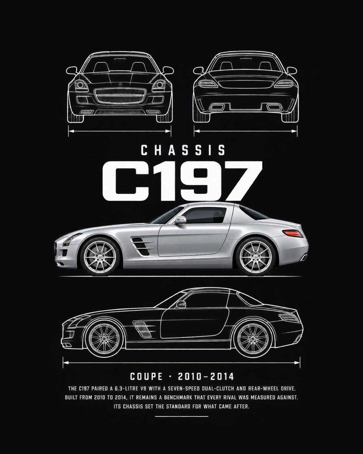 Mercedes SLS AMG gullwing coupe Blueprint Full-Back Graphic Tee, C197 Chassis Code design only