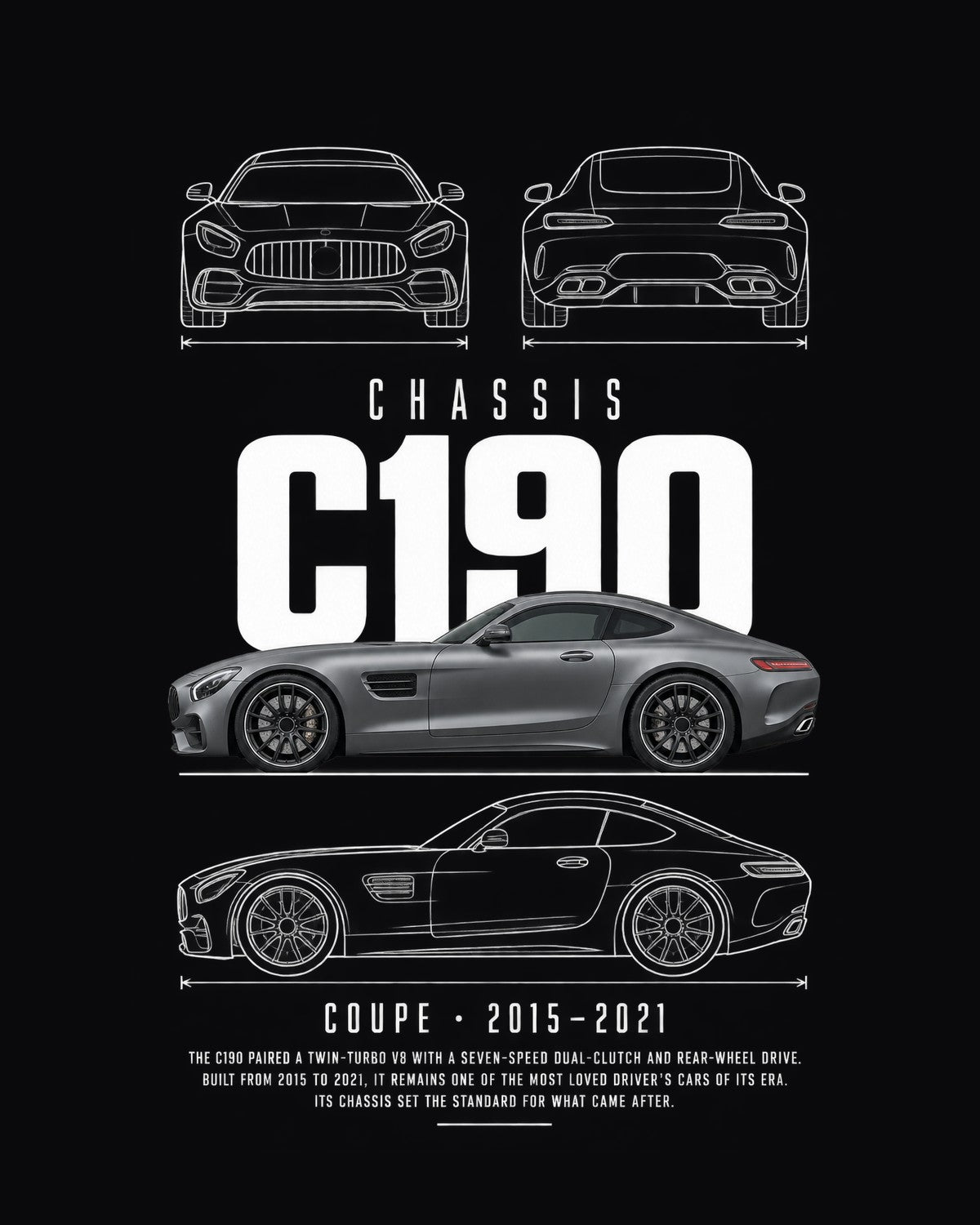 Mercedes AMG GT coupe Blueprint Full-Back Graphic Tee, C190 Chassis Code design only