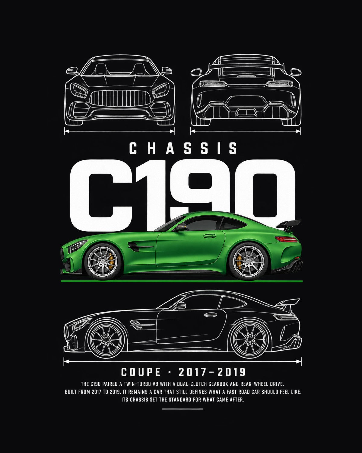 Mercedes AMG GT R coupe Blueprint Full-Back Graphic Tee, C190 Chassis Code design only