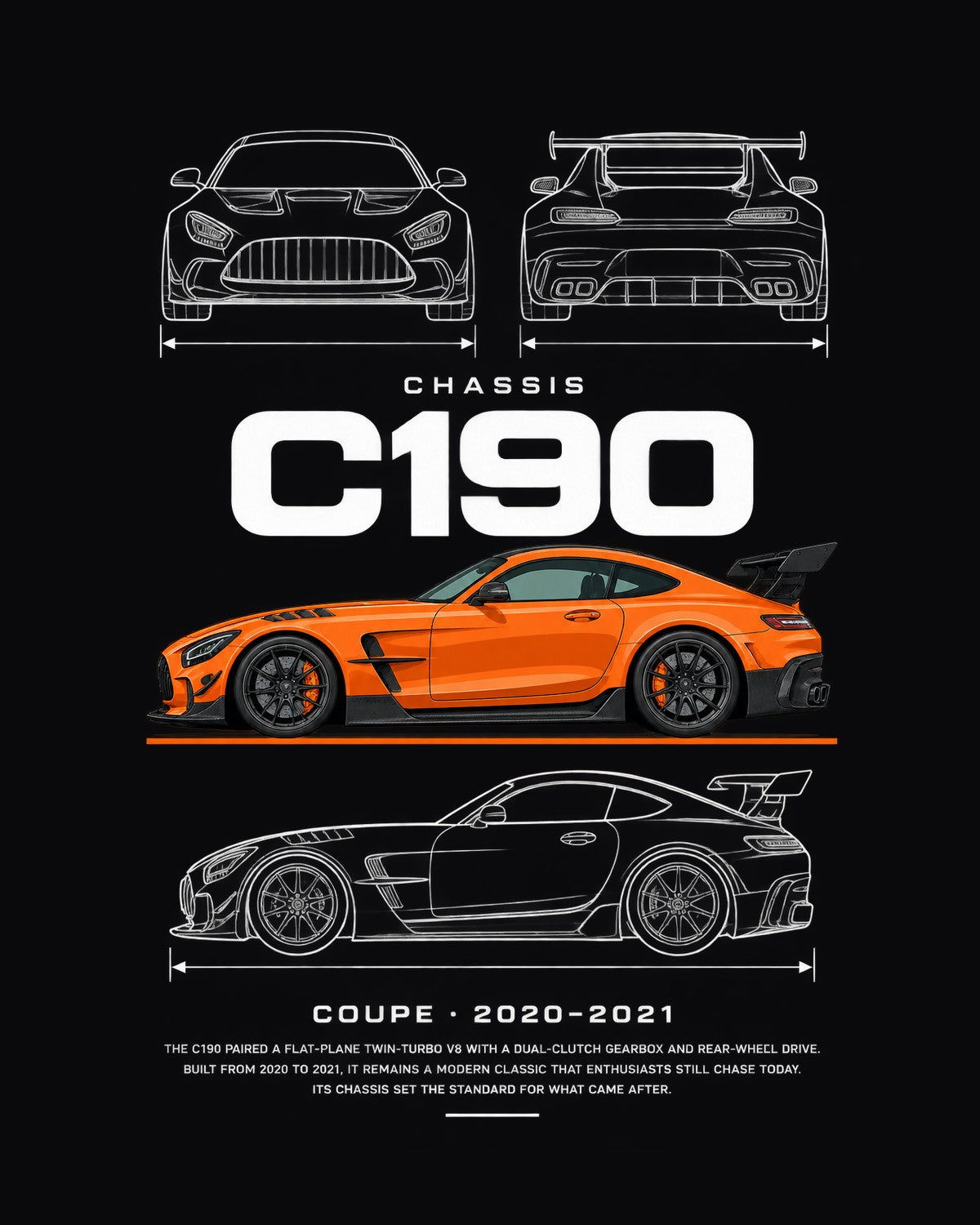 Mercedes AMG GT Black Series coupe Blueprint Full-Back Graphic Tee, C190 Chassis Code design only