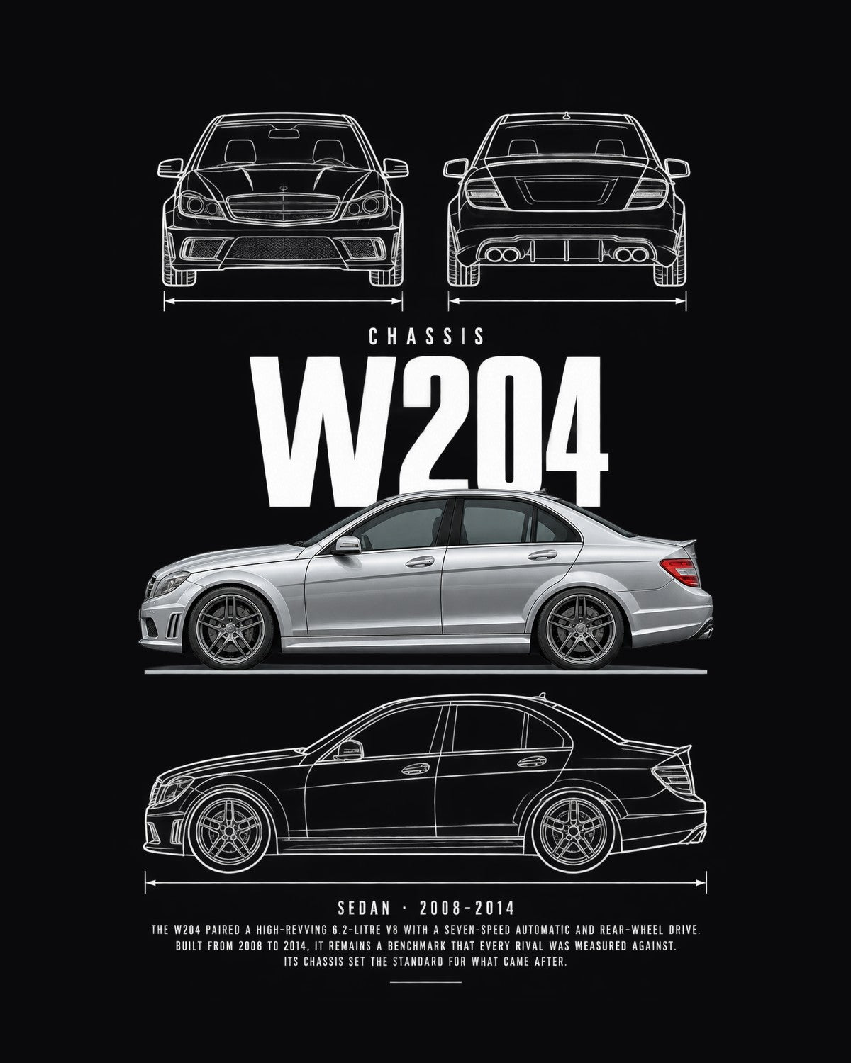 Mercedes C63 AMG (W204) sedan Blueprint Full-Back Graphic Tee, W204 Chassis Code design only