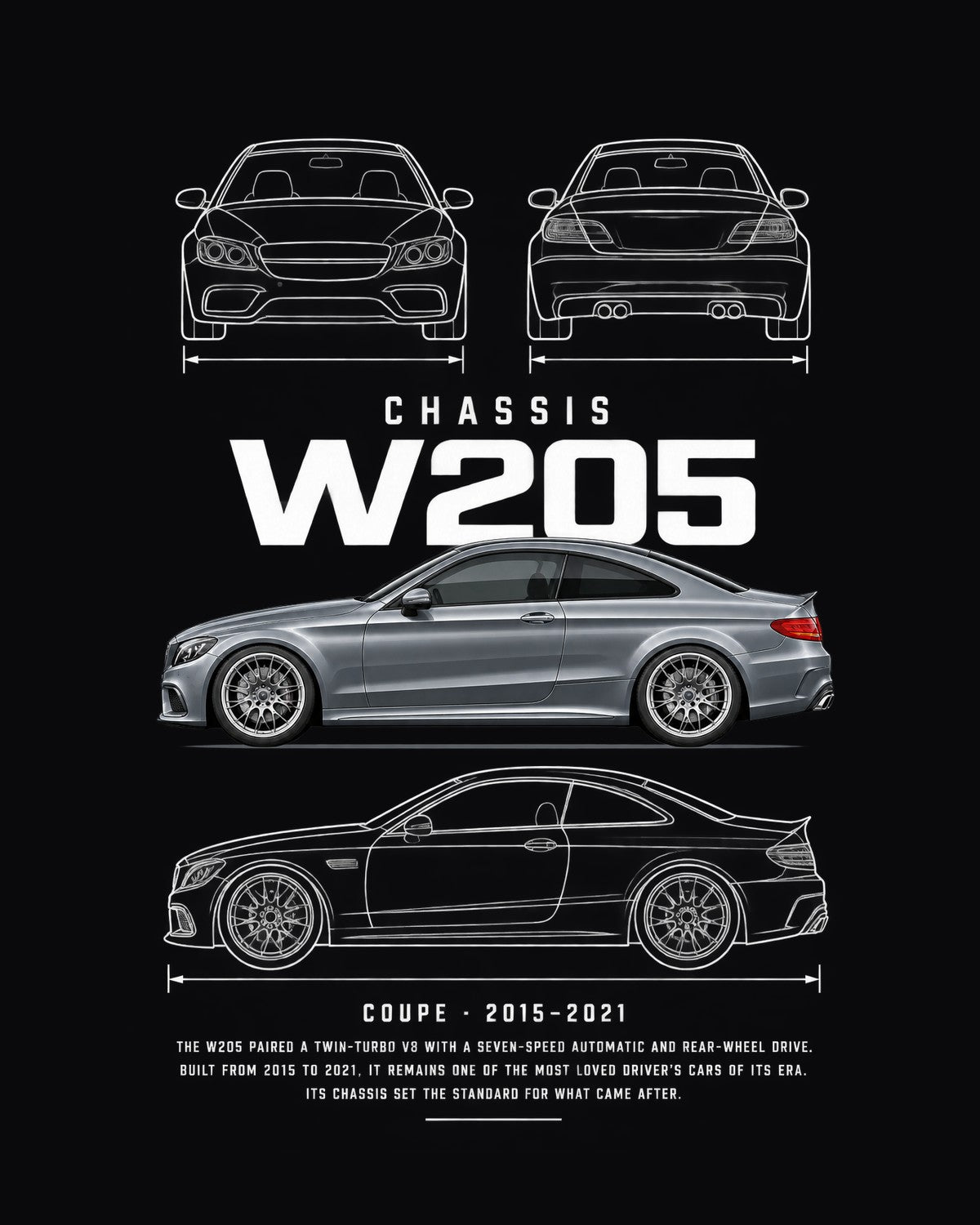 Mercedes C63 AMG (W205) coupe Blueprint Full-Back Graphic Tee, W205 Chassis Code design only