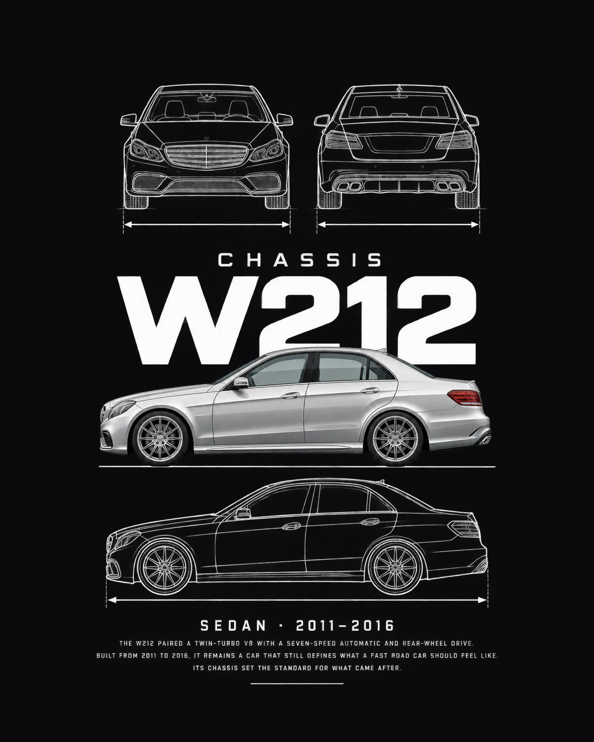 Mercedes E63 AMG (W212) sedan Blueprint Full-Back Graphic Tee, W212 Chassis Code design only