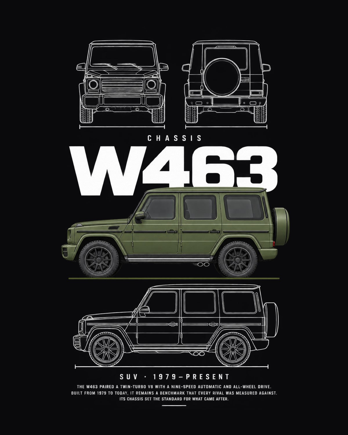 Mercedes G-Class G63 AMG Blueprint Full-Back Graphic Tee, W463 Chassis Code design only
