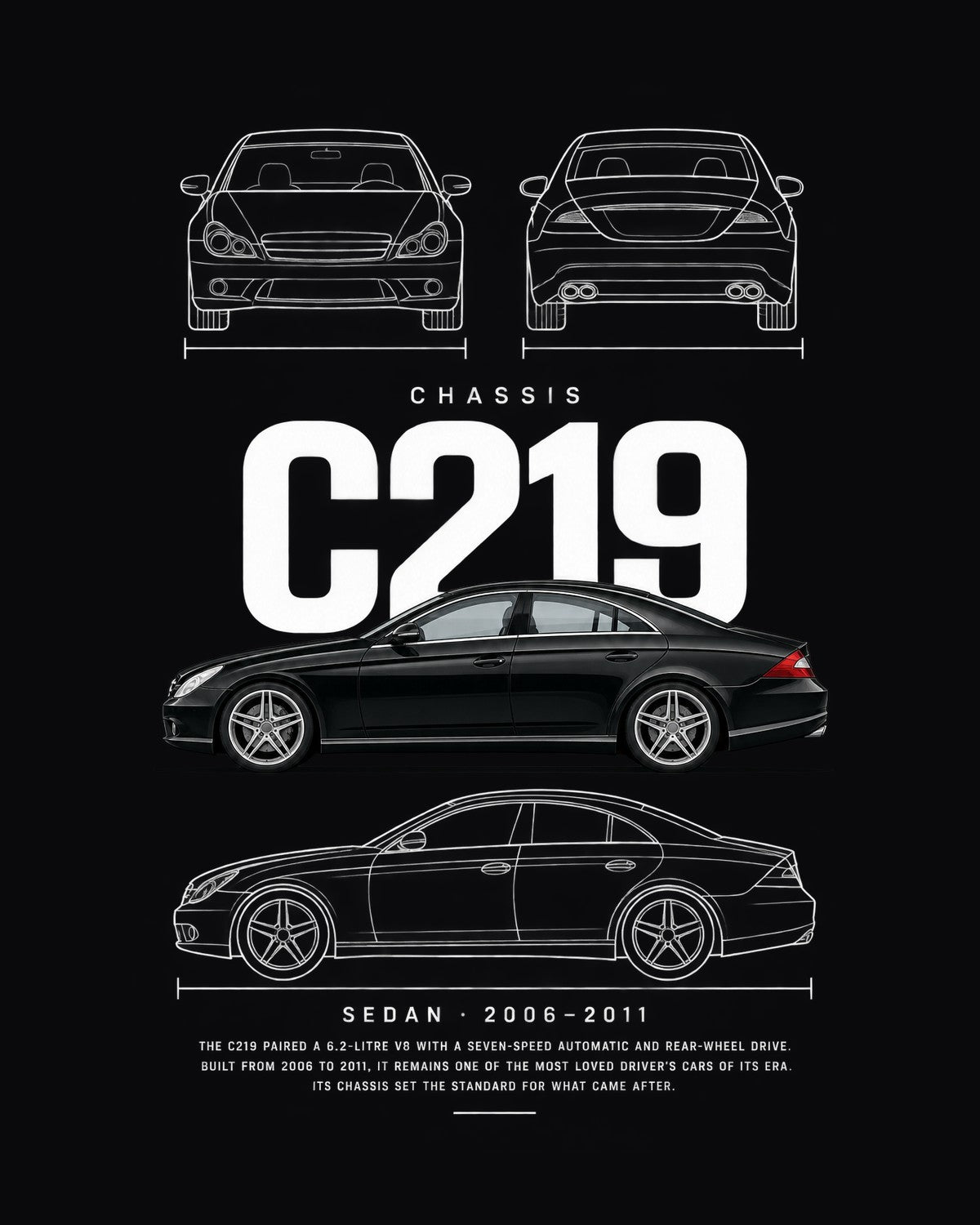 Mercedes CLS 63 AMG Blueprint Full-Back Graphic Tee, C219 Chassis Code design only