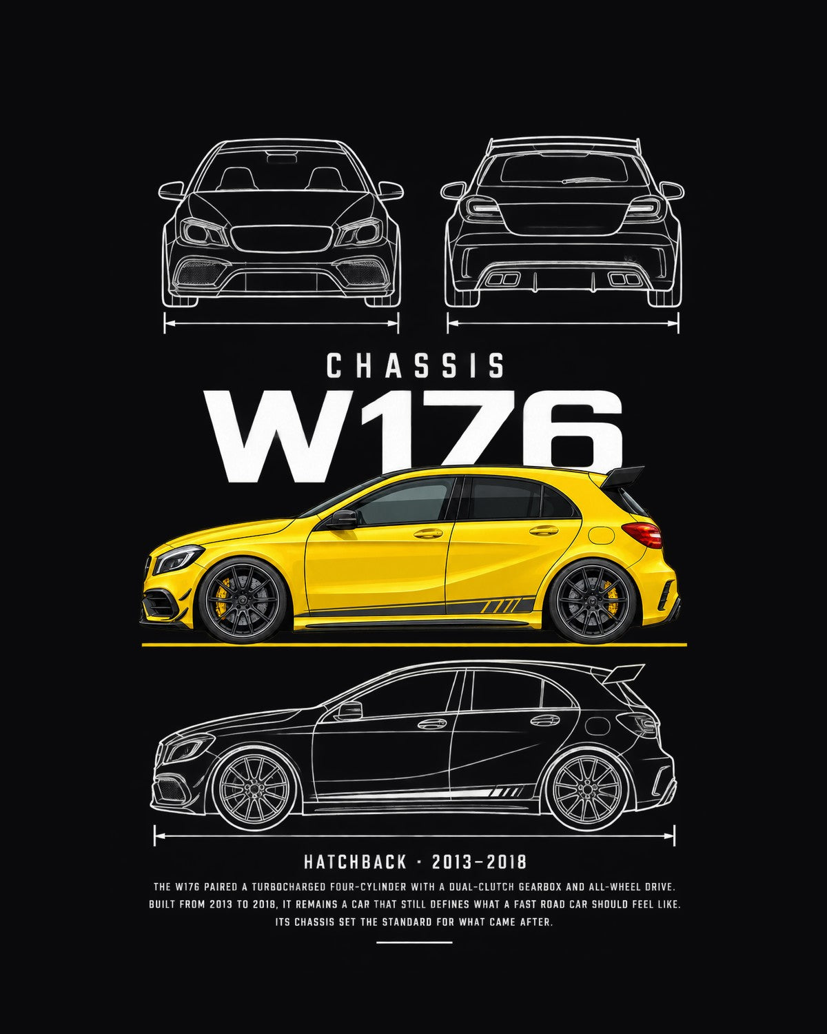 Mercedes A45 AMG hatchback Blueprint Full-Back Graphic Tee, W176 Chassis Code design only