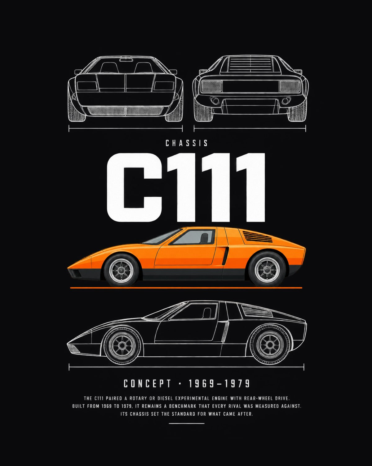 Mercedes C111 experimental wedge coupe Blueprint Full-Back Graphic Tee, C111 Chassis Code design only