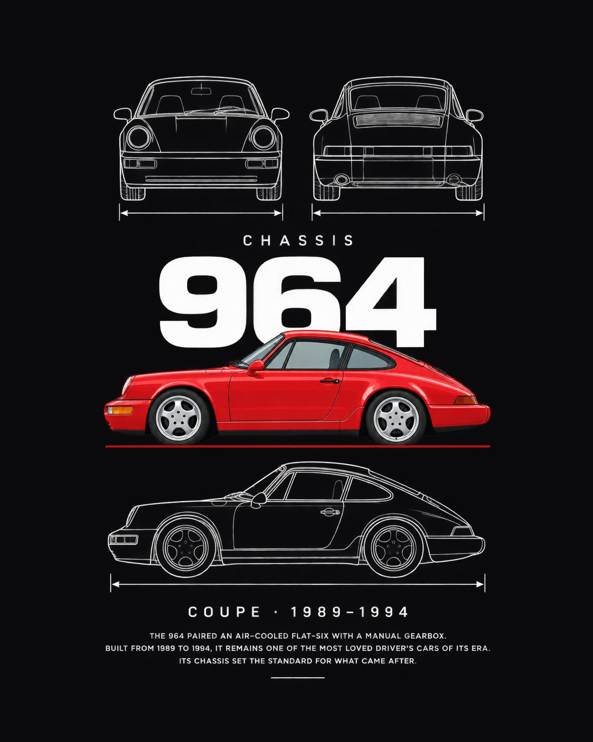 Porsche 911 (964) Blueprint Full-Back Graphic Tee, 964 Chassis Code design only