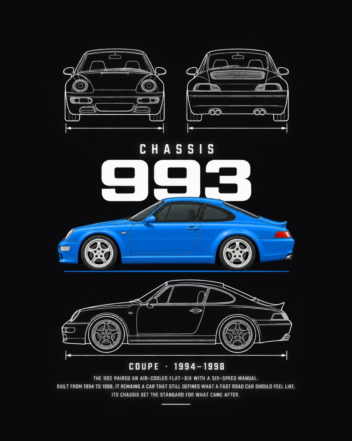Porsche 911 (993) Blueprint Full-Back Graphic Tee, 993 Chassis Code design only