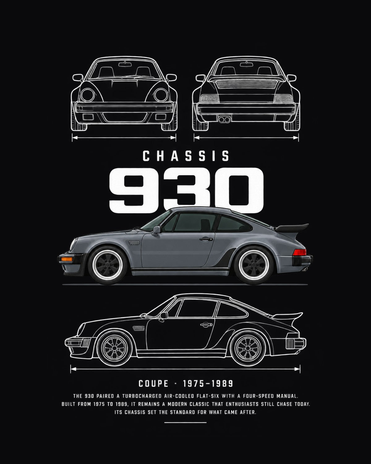 Porsche 911 Turbo (930) Blueprint Full-Back Graphic Tee, 930 Chassis Code design only
