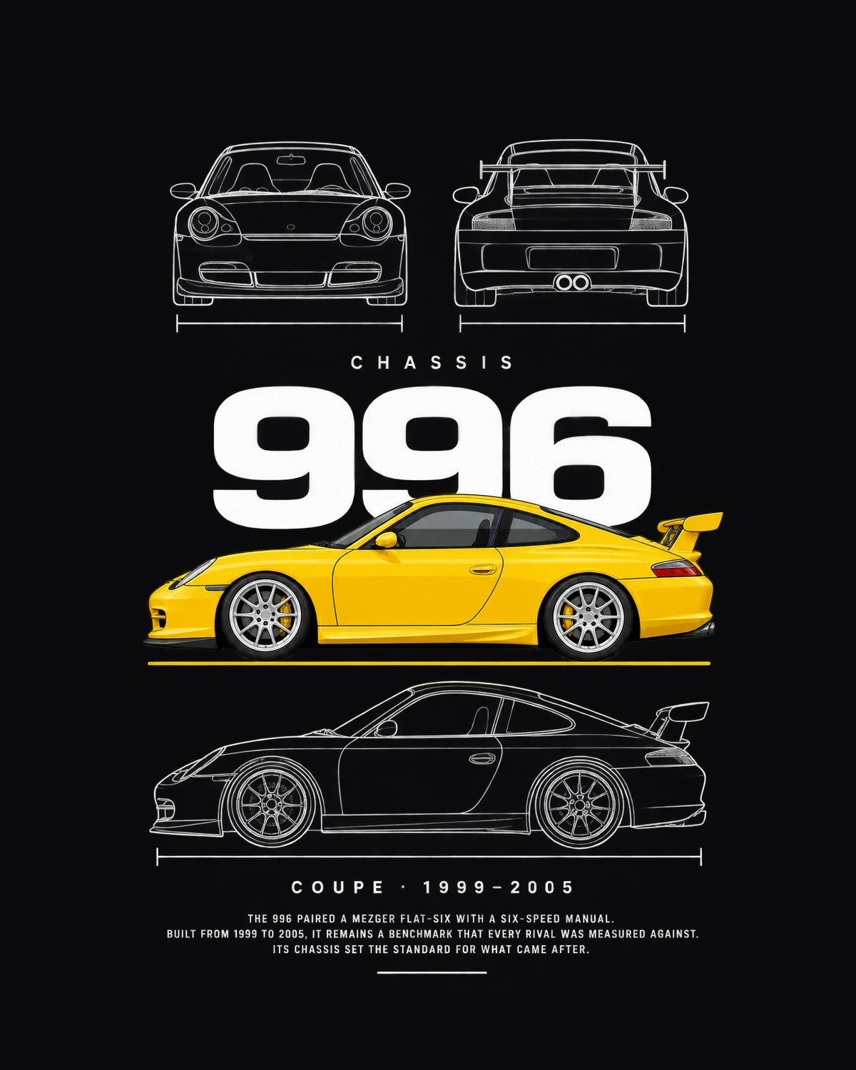 Porsche 996 GT3 Blueprint Full-Back Graphic Tee, 996 Chassis Code design only