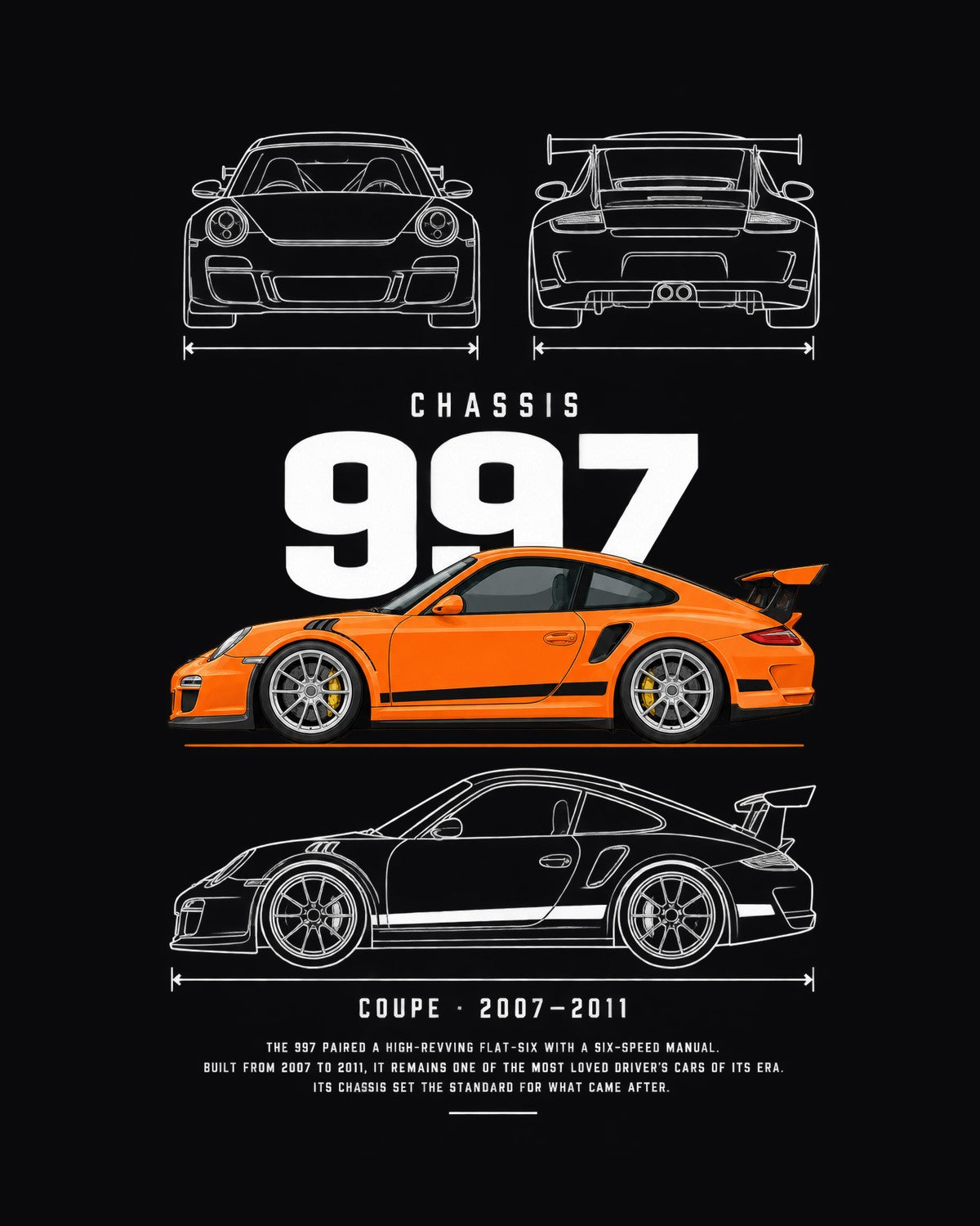 Porsche 997 GT3 RS Blueprint Full-Back Graphic Tee, 997 Chassis Code design only