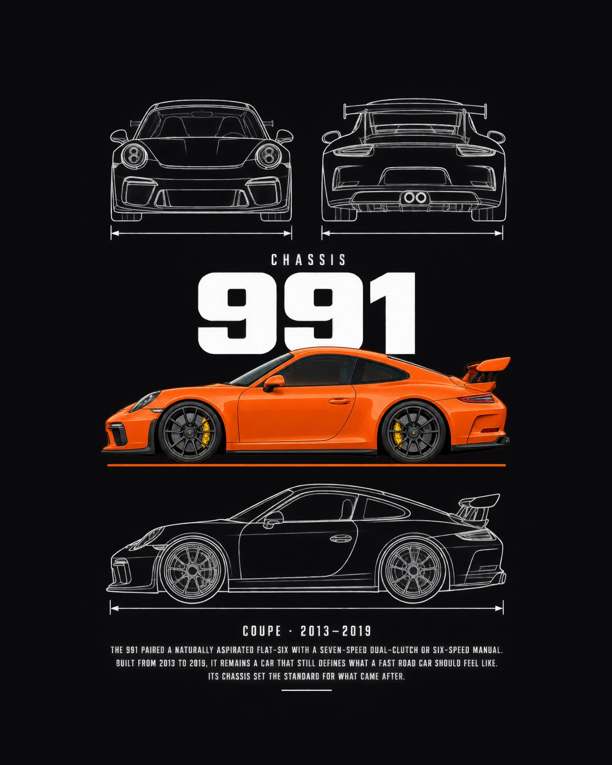 Porsche 991 GT3 Blueprint Full-Back Graphic Tee, 991 Chassis Code design only