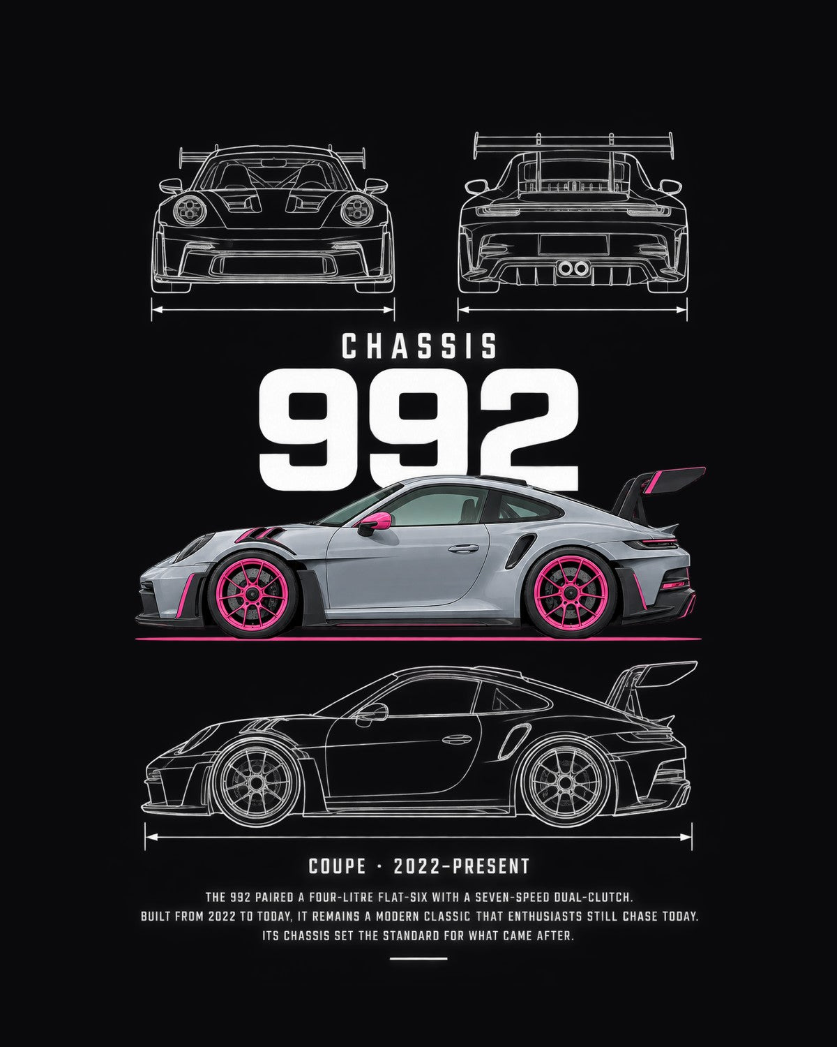 Porsche 992 GT3 RS Blueprint Full-Back Graphic Tee, 992 Chassis Code design only