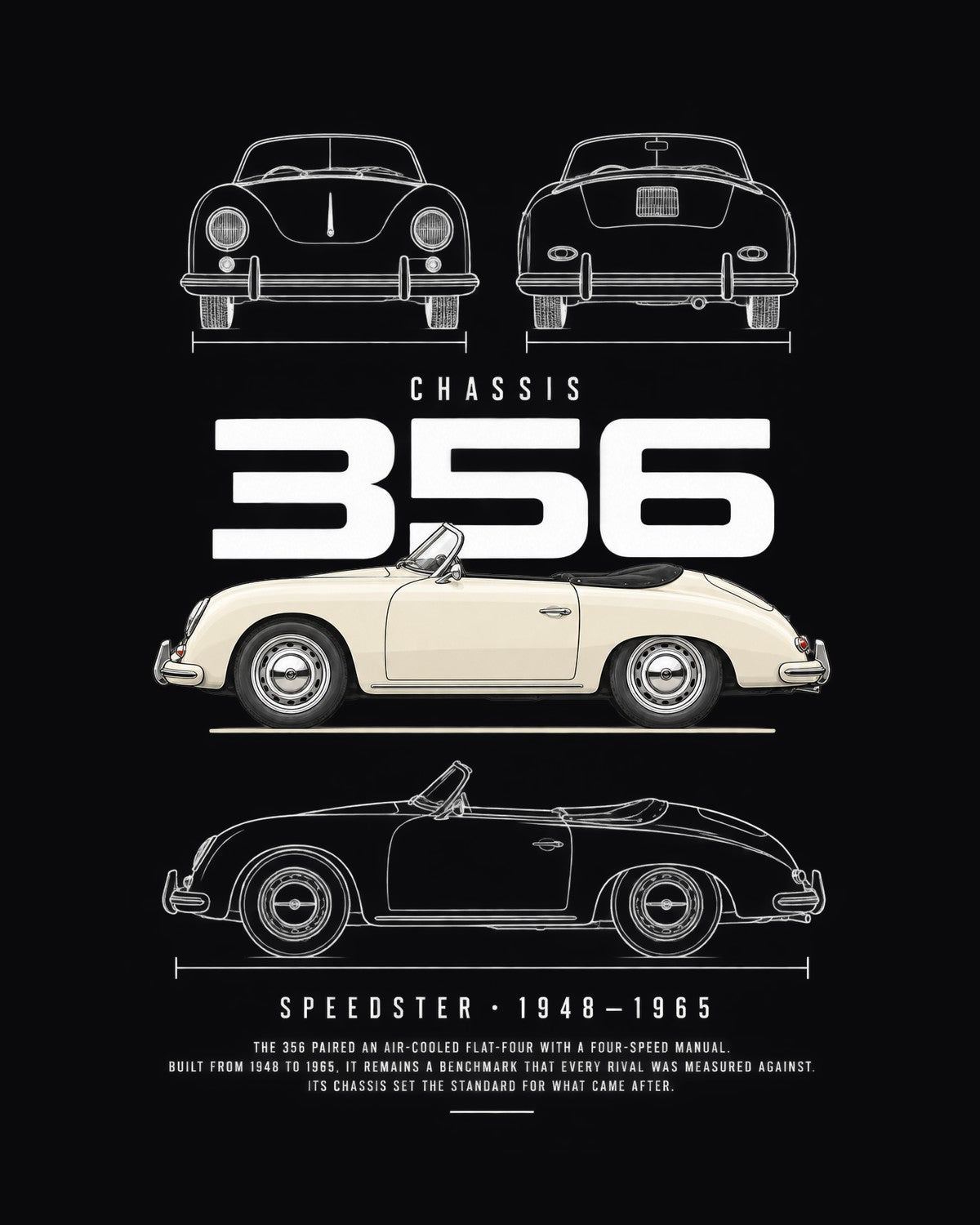 Porsche 356 Speedster Blueprint Full-Back Graphic Tee, 356 Chassis Code design only