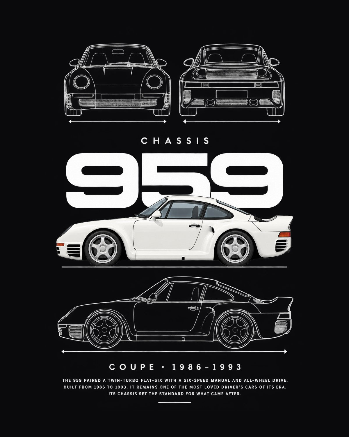 Porsche 959 Blueprint Full-Back Graphic Tee, 959 Chassis Code design only
