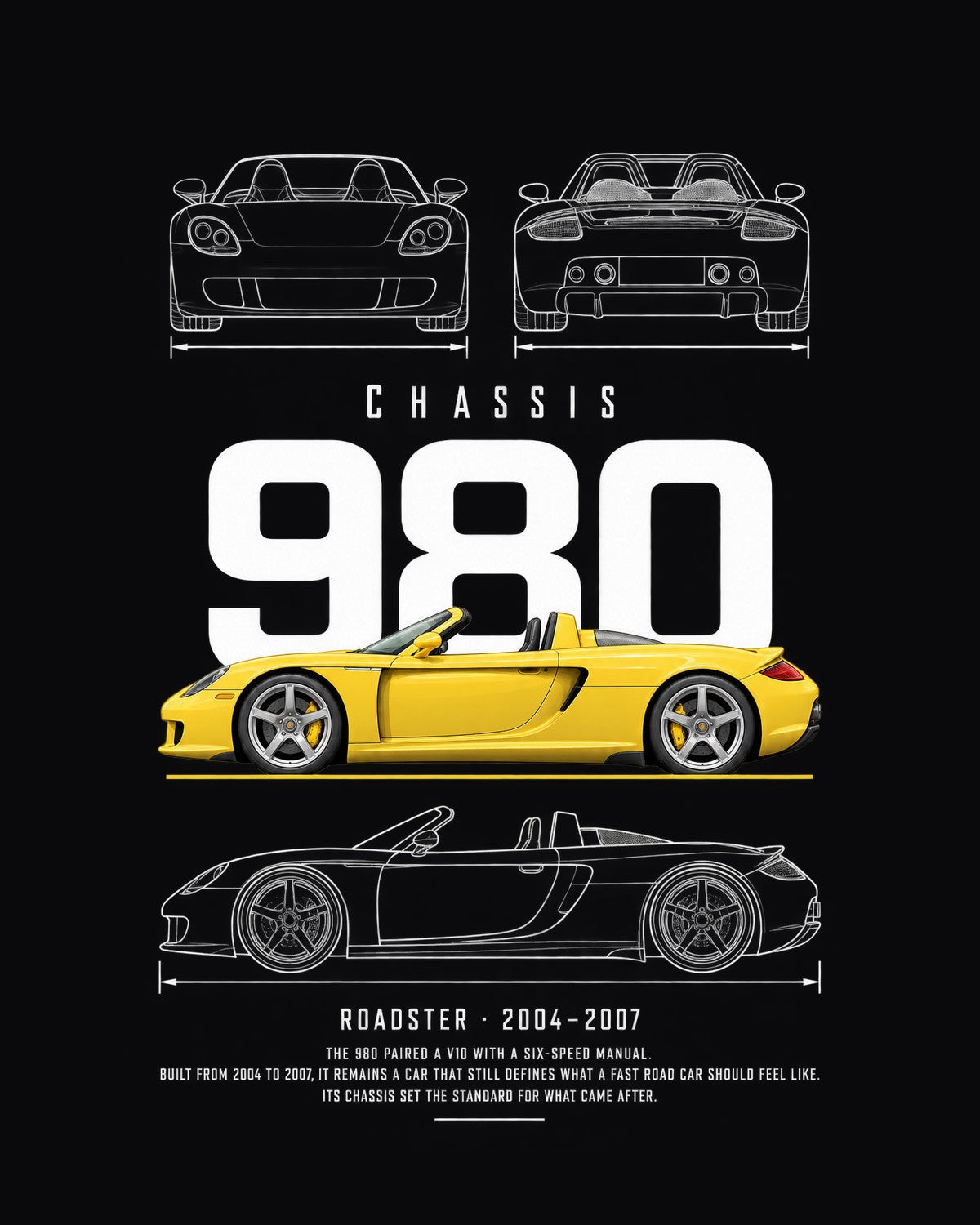 Porsche Carrera GT roadster supercar Blueprint Full-Back Graphic Tee, 980 Chassis Code design only