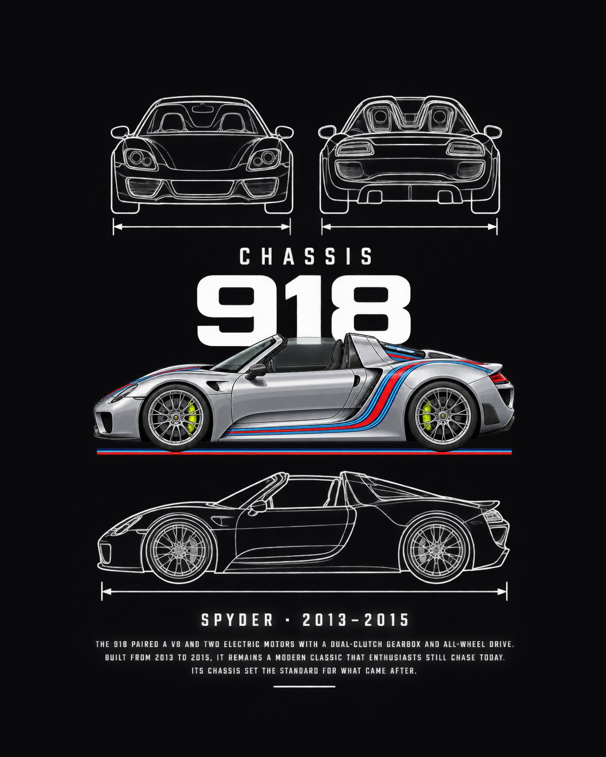 Porsche 918 Spyder Blueprint Full-Back Graphic Tee, 918 Chassis Code design only
