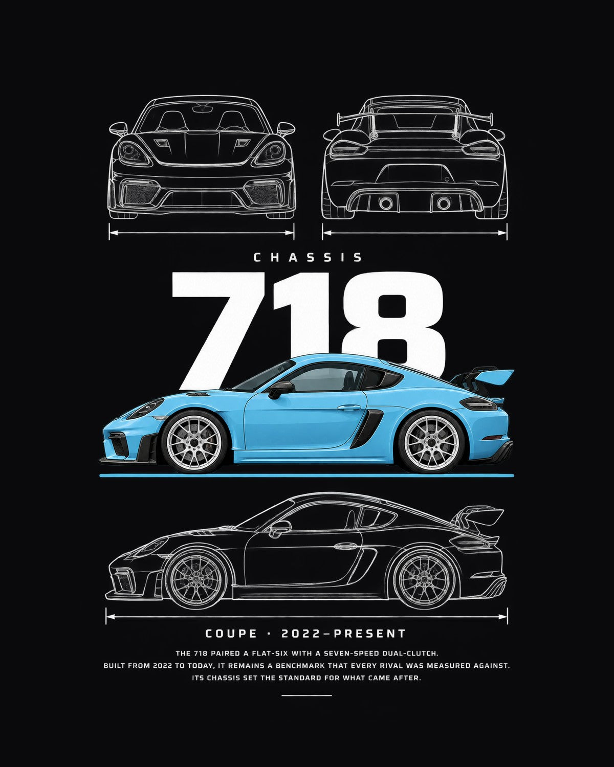 Porsche 718 Cayman GT4 RS Blueprint Full-Back Graphic Tee, 718 Chassis Code design only