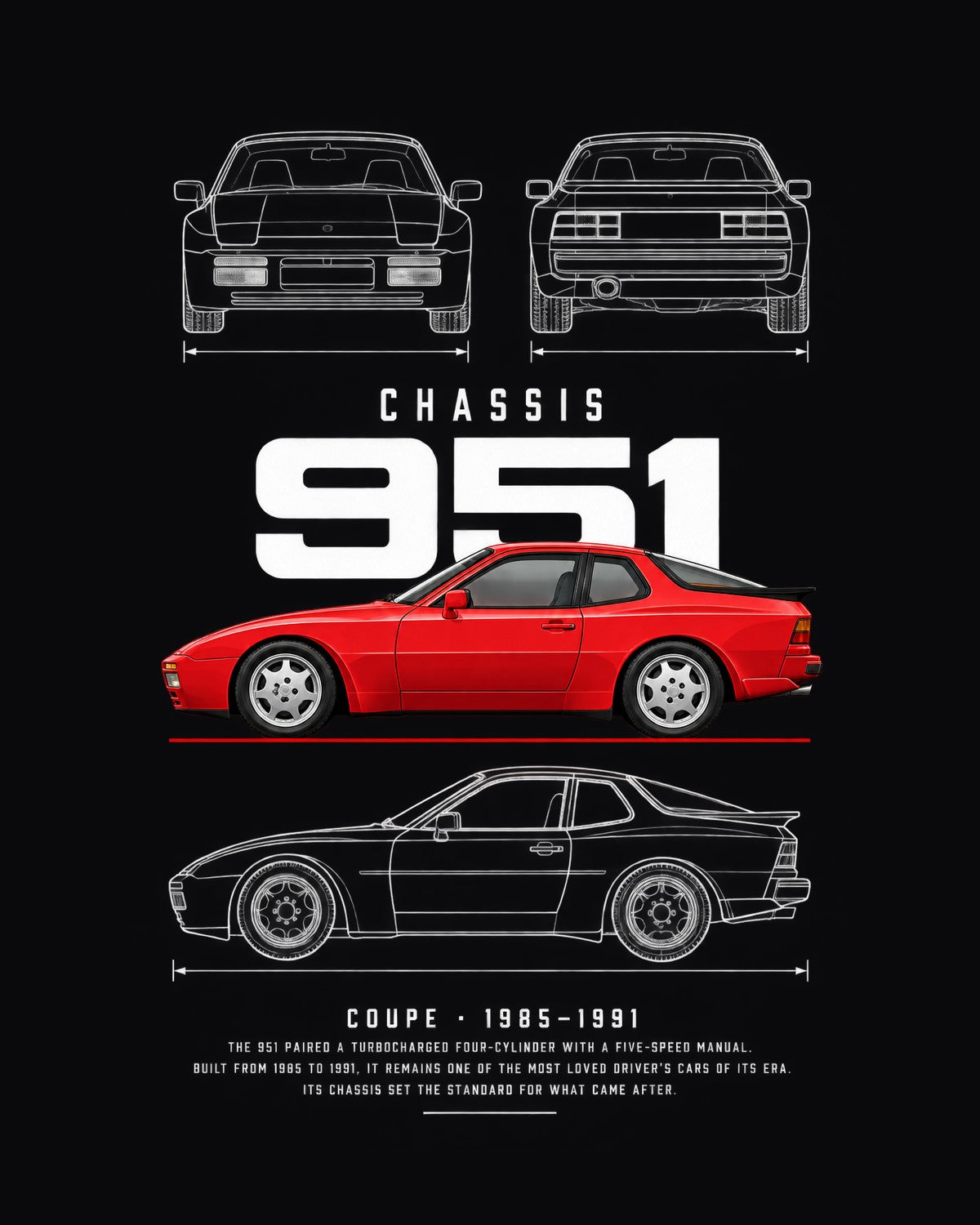 Porsche 944 Turbo Blueprint Full-Back Graphic Tee, 951 Chassis Code design only
