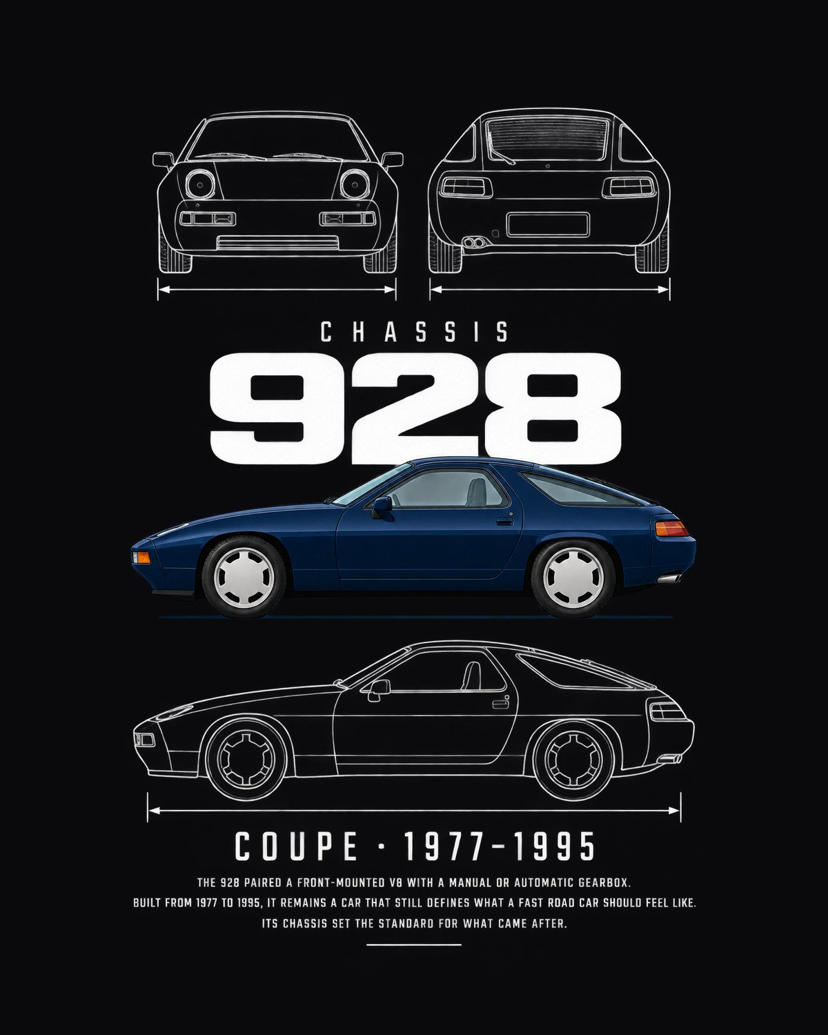 Porsche 928 Blueprint Full-Back Graphic Tee, 928 Chassis Code design only