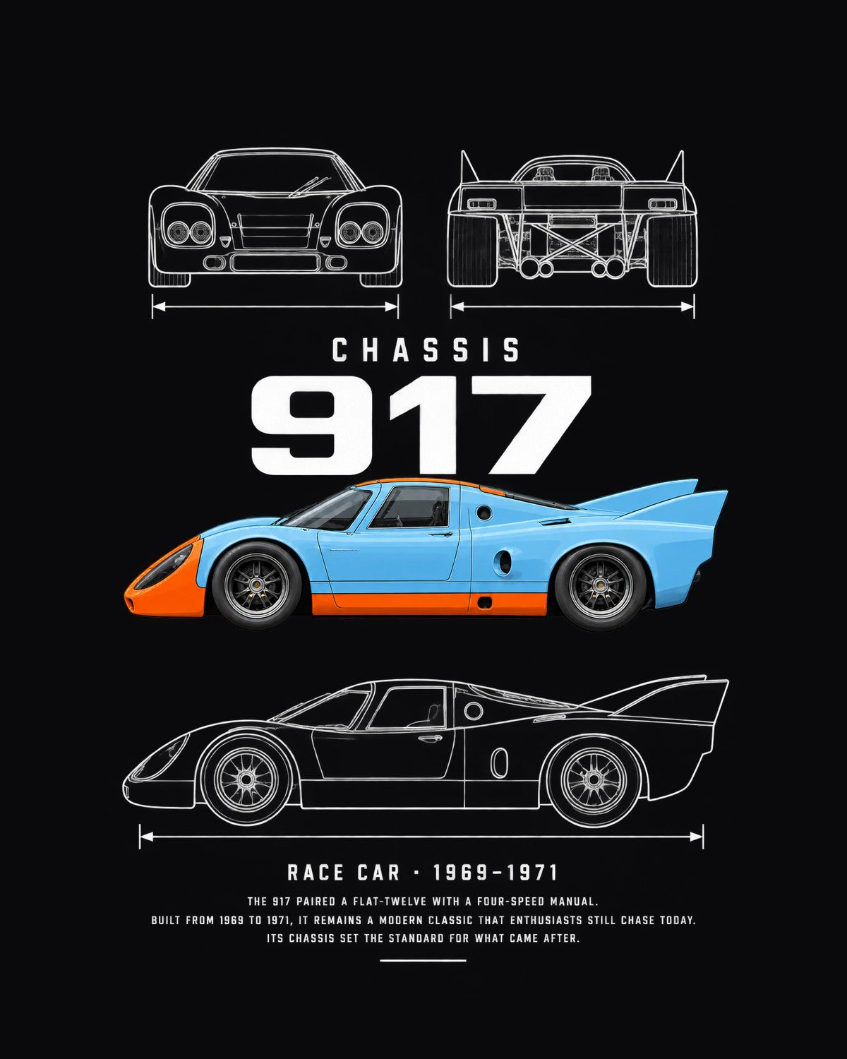 Porsche 917 Le Mans race car Blueprint Full-Back Graphic Tee, 917 Chassis Code design only