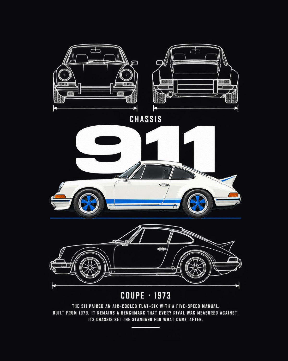 Porsche 911 Carrera RS 2.7 Blueprint Full-Back Graphic Tee, 911 Chassis Code design only