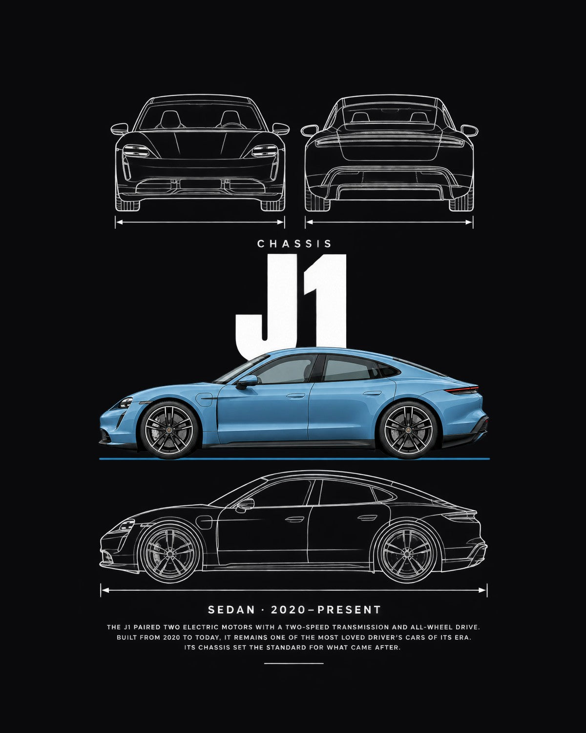 Porsche Taycan Blueprint Full-Back Graphic Tee, J1 Chassis Code design only