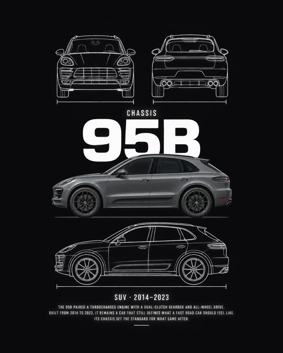 Porsche Macan GTS Blueprint Full-Back Graphic Tee, 95B Chassis Code design only