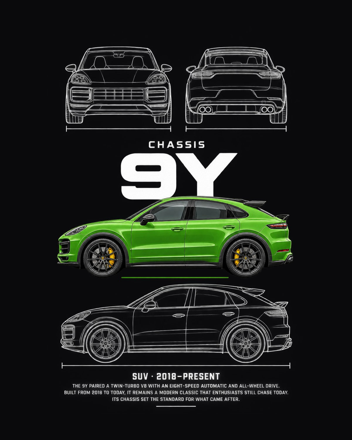 Porsche Cayenne Turbo GT Blueprint Full-Back Graphic Tee, 9Y Chassis Code design only