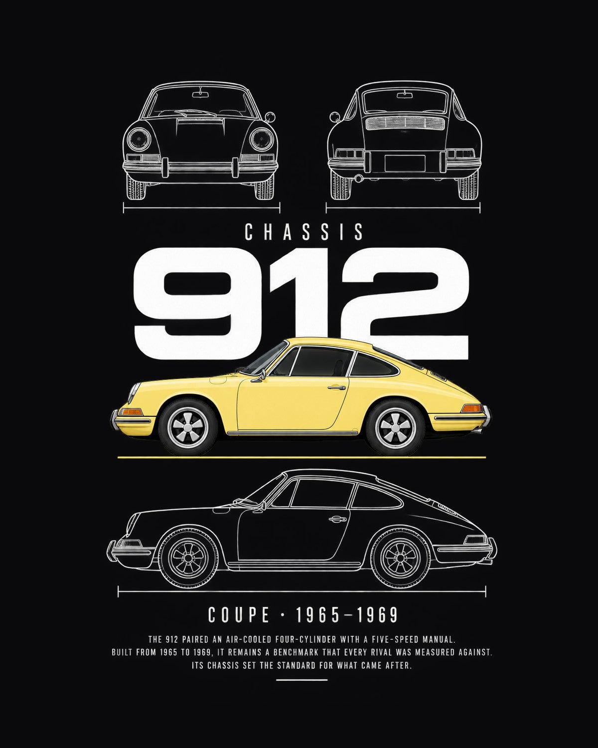Porsche 912 Blueprint Full-Back Graphic Tee, 912 Chassis Code design only