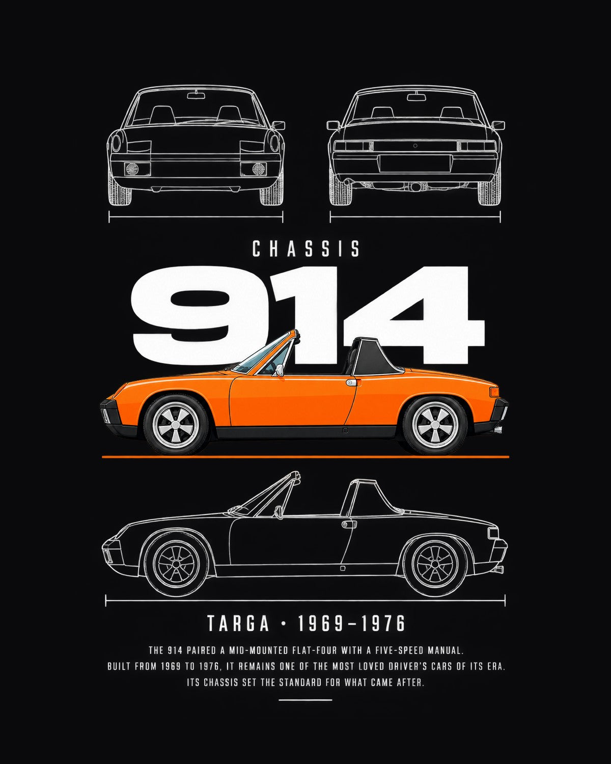 Porsche 914 Blueprint Full-Back Graphic Tee, 914 Chassis Code design only