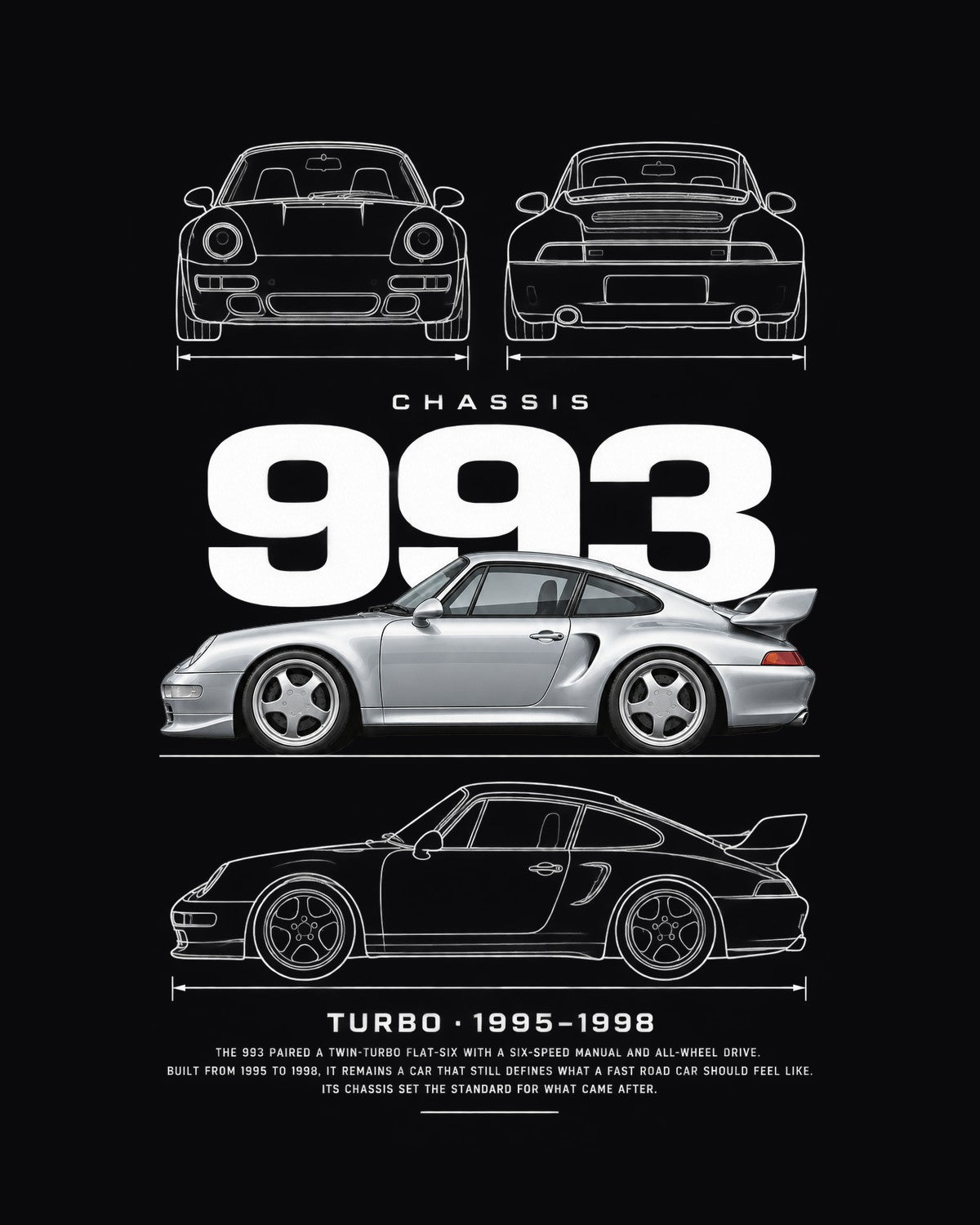 Porsche 993 Turbo Blueprint Full-Back Graphic Tee, 993 Chassis Code design only