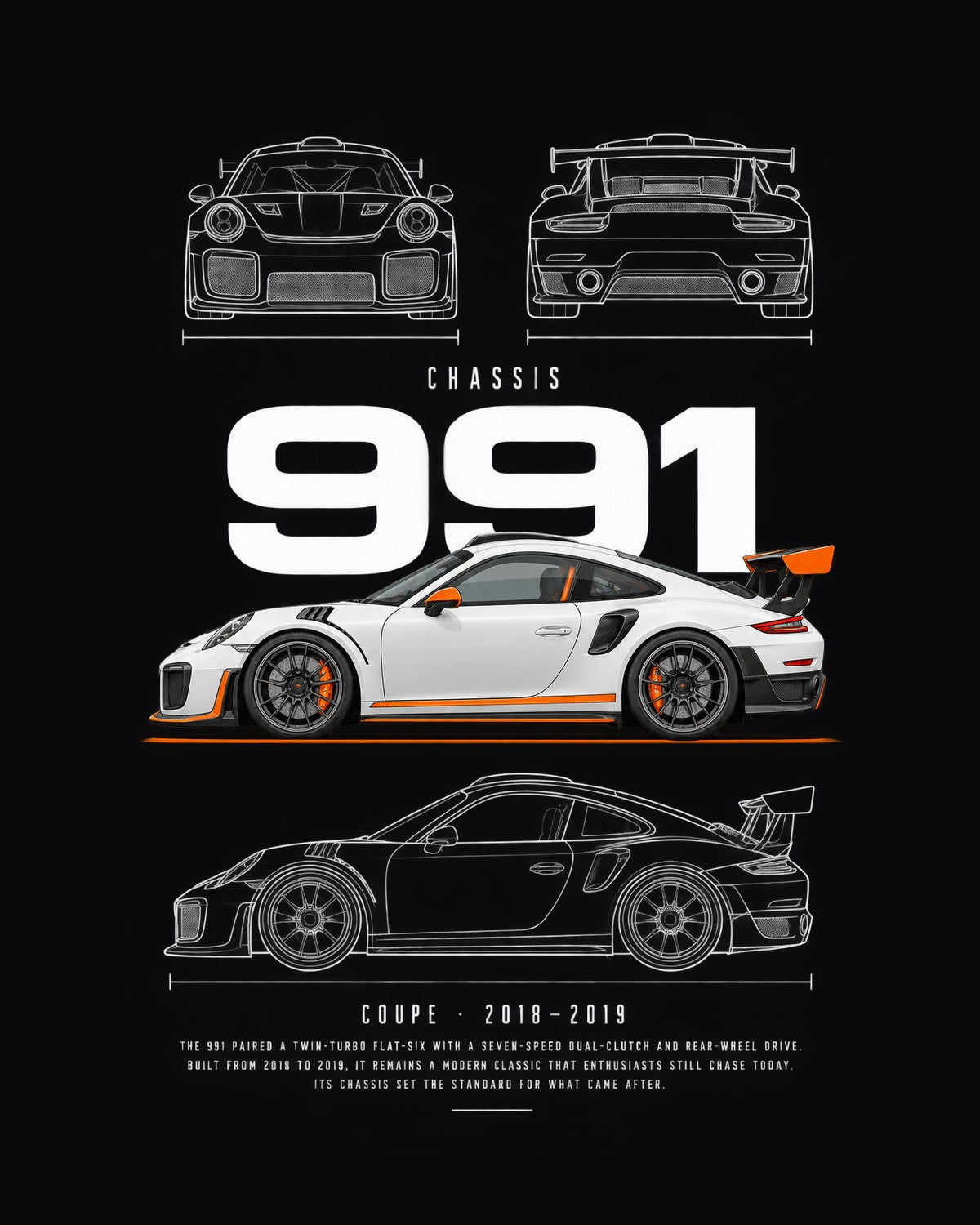 Porsche 991 GT2 RS Blueprint Full-Back Graphic Tee, 991 Chassis Code design only