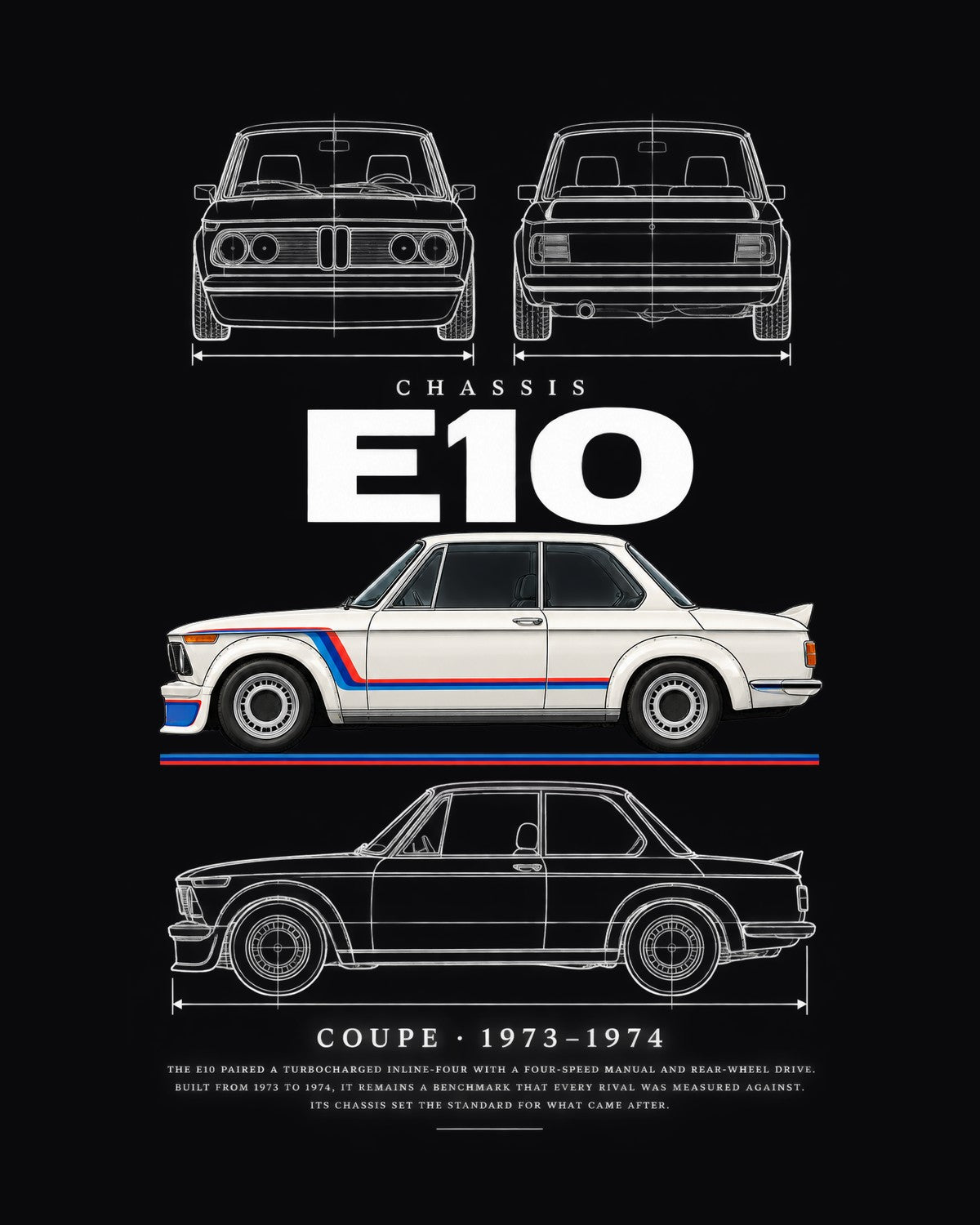 BMW 2002 turbo coupe Blueprint Full-Back Graphic Tee, E10 Chassis Code design only