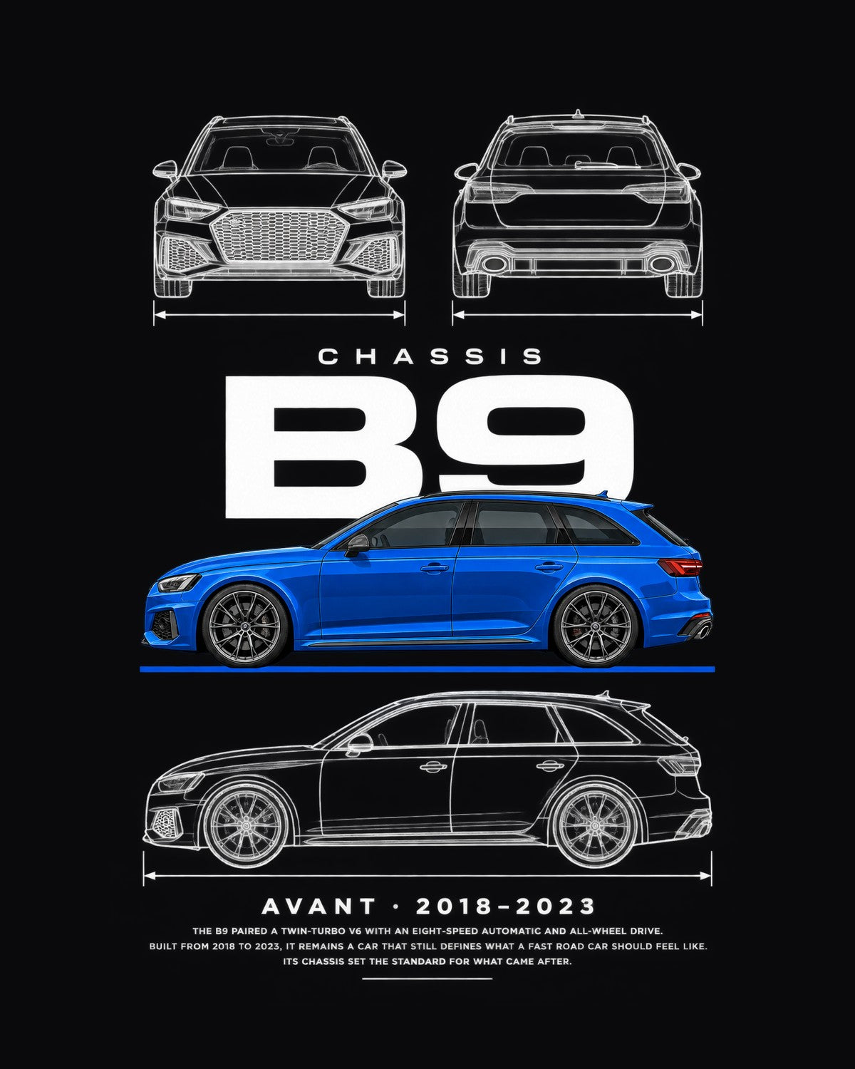 Audi B9 RS4 Avant wagon Blueprint Full-Back Graphic Tee, B9 Chassis Code design only