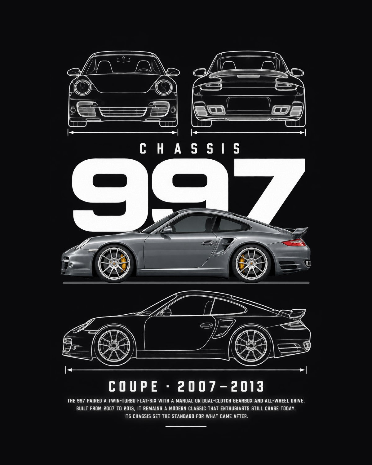 Porsche 997 Turbo Blueprint Full-Back Graphic Tee, 997 Chassis Code design only
