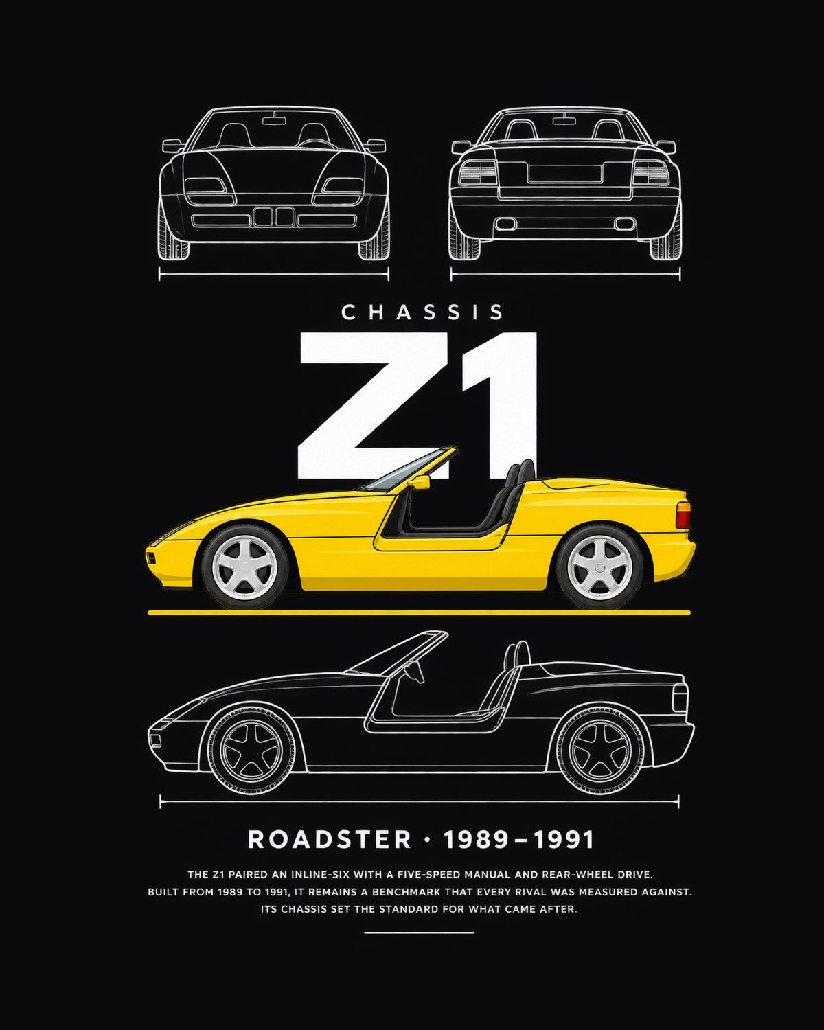 BMW Z1 roadster Blueprint Full-Back Graphic Tee, Z1 Chassis Code design only