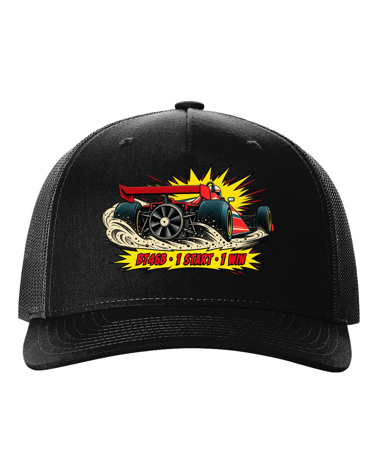 Comic halftone pop-art of the Brabham BT46B fan car with 1 start, 1 win text black hat front view with the design