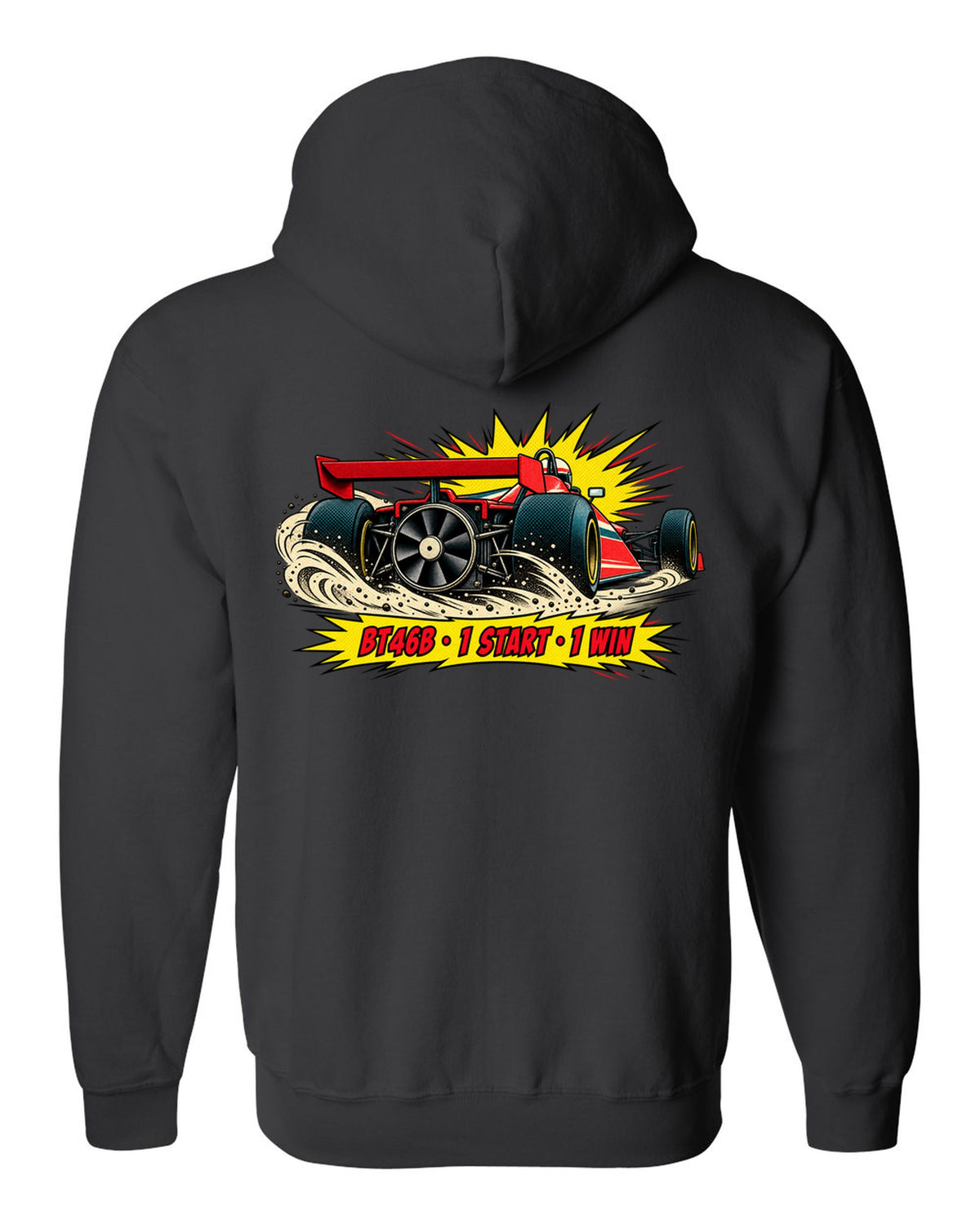 Comic halftone pop-art of the Brabham BT46B fan car with 1 start, 1 win text black zip hoodie back view with the design