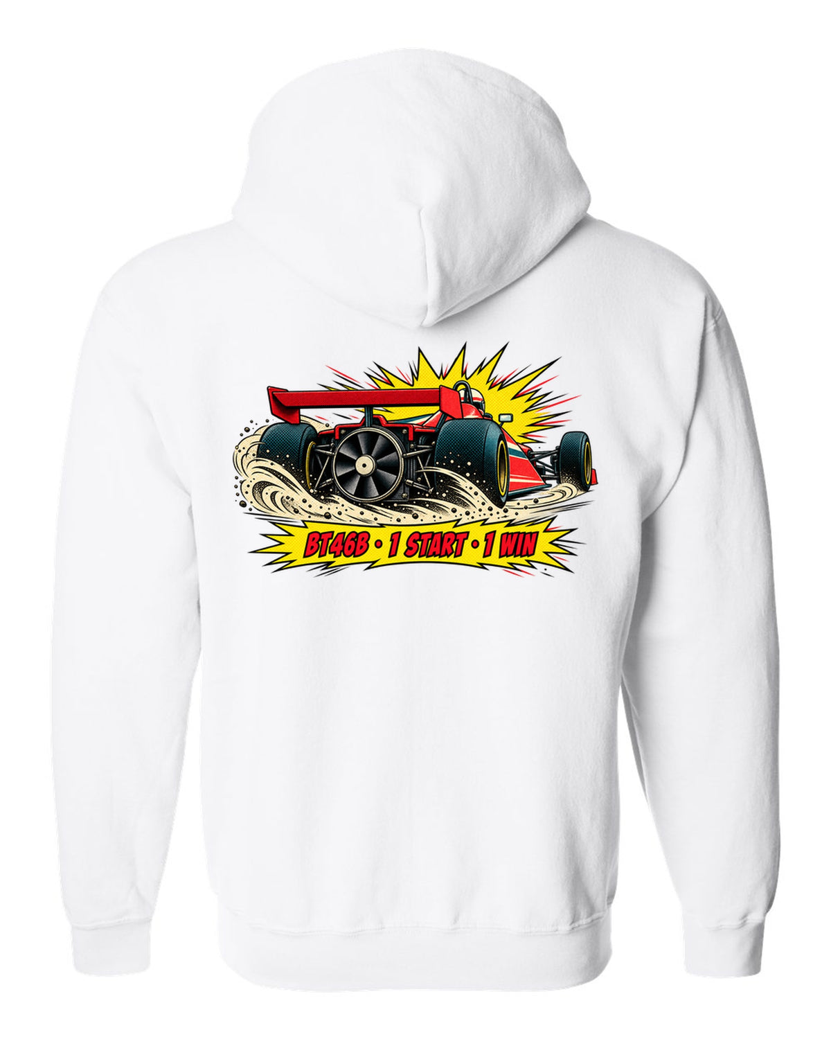 Comic halftone pop-art of the Brabham BT46B fan car with 1 start, 1 win text white zip hoodie back view with the design