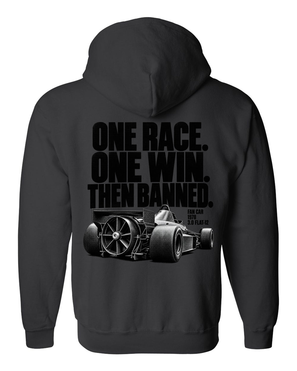 Brabham BT46B fan car halftone print with one race one win text black zip hoodie back view with the design